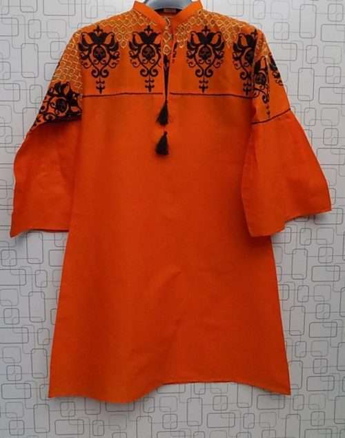 Rich Embroidered Vibrant Orange Lawn Cotton Kurti For Girls