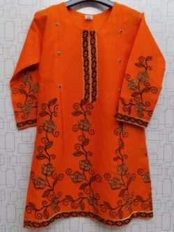 Best For Summer Embroidered Orange Lawn Cotton Kurti 4 Girls