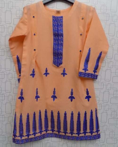 Stylish Orange Peach Colour Lawn Cotton Embroidered Kurti For Girls