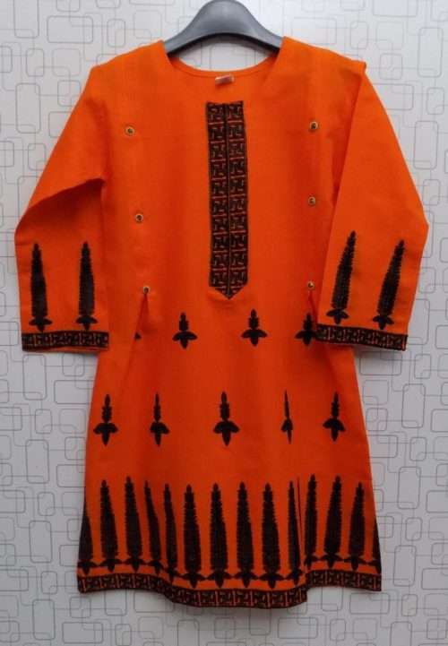 Stylish Orange Colour Lawn Cotton Embroidered Kurti For Girls