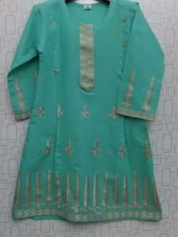 Stylish Sea Green Colour Lawn Cotton Embroidered Kurti For Girls