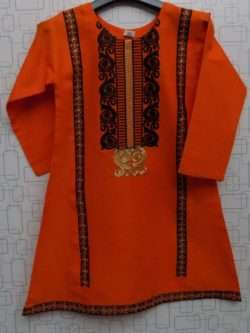 Attractive Black Embroidered Orange Lawn Cotton Kurti For Girls