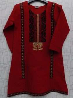 Attractive Black Embroidered Red Lawn Cotton Kurti For Girls