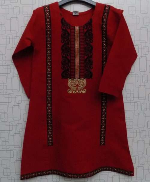 Attractive Black Embroidered Red Lawn Cotton Kurti For Girls
