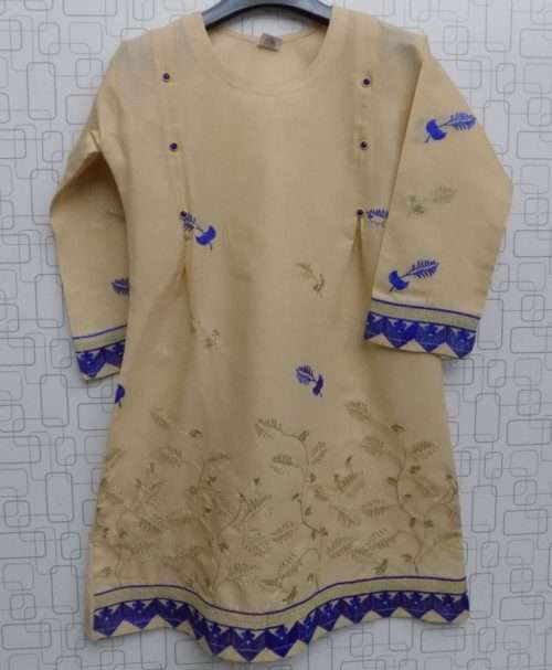Elegant Skin Colour Lawn Cotton Embroidered Kurti For Girls