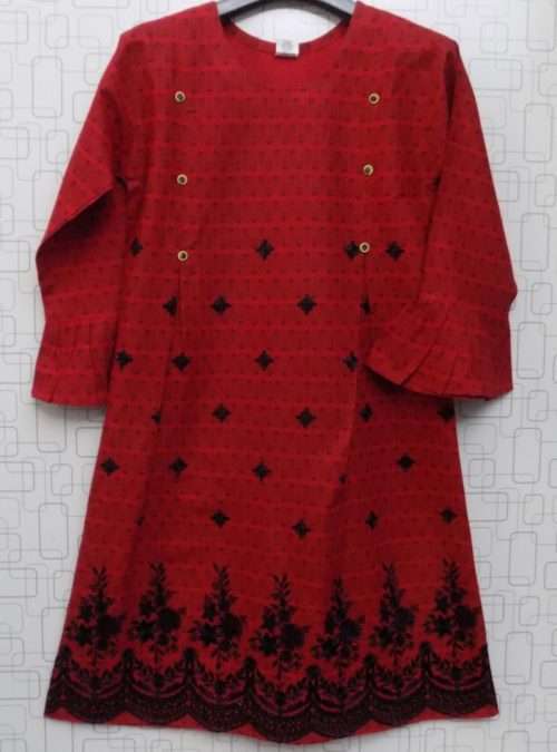 Elegant Red Colour Lawn Cotton Embroidered Kurti For Girls