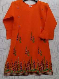 Elegant Orange Colour Lawn Cotton Embroidered Kurti For Girls