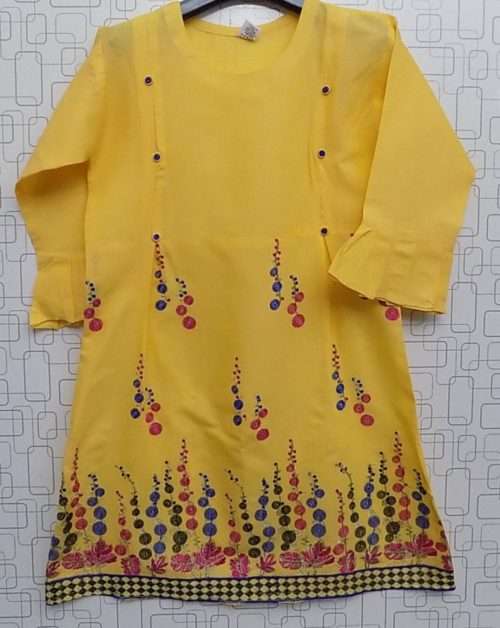 Cute Bright Yellow Lawn Cotton Embroidered Kurti For Girls