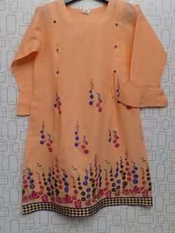 Cute Lively Peach Lawn Cotton Embroidered Kurti For Girls