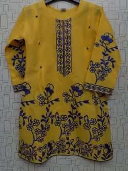 Lovely Yellow Lawn Cotton Floral Blue Embroidered Kurti For Girls