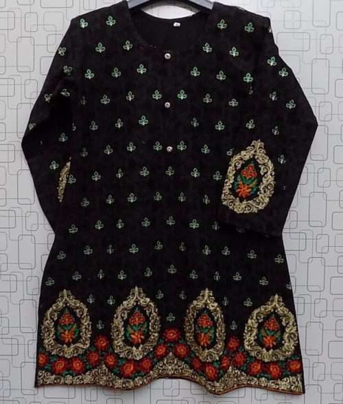 Rich Embroidered Elegant Black Lawn Cotton Kurti For Girls