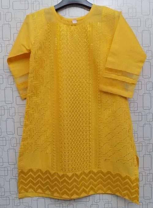 Rich Top To Bottom Embroidered Yellow Lawn Cotton Kurti For Girls