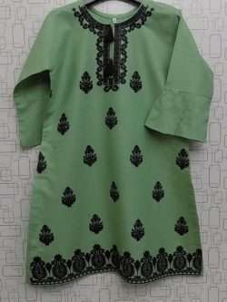 Elegant Mint Green Lawn Cotton Kurti With Black Embroidery For Girls