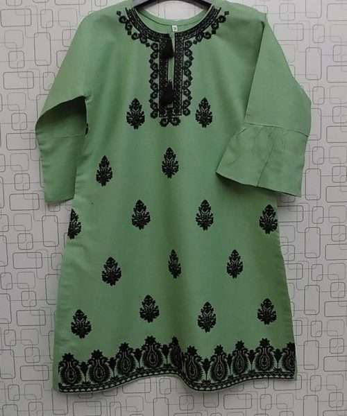 Elegant Mint Green Lawn Cotton Kurti With Black Embroidery For Girls