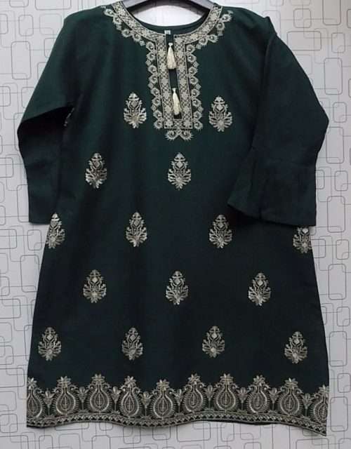 Elegant Dark Green Lawn Cotton Kurti With Black Embroidery For Girls