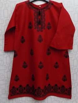 Elegant Red Lawn Cotton Kurti With Black Embroidery For Girls