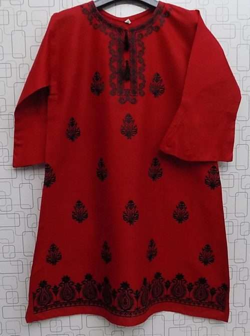 Elegant Red Lawn Cotton Kurti With Black Embroidery For Girls