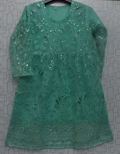 Specially For Party Wear Spring Green Embroidered Net Kurti 4 Girls