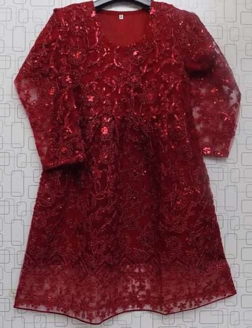 Specially For Party Wear Burgundy Embroidered Net Kurti For Girls