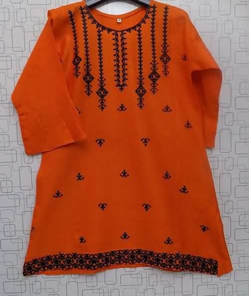 Graceful Orange Beautiful Embroidered Lawn Cotton Kurti For Girls