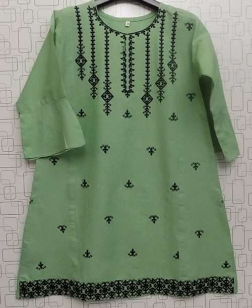 Graceful Mint Green Beautiful Embroidered Lawn Cotton Kurti For Girls