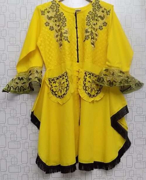 Stylish Bright Yellow Rich Embroidered Lawn Kurti For Ladies