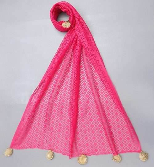 Vibrant Pink All Season With Balls Net Stole For Everyday Use