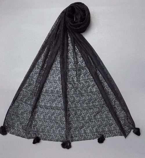 Elegant Black All Season With Balls Net Stole For Everyday Use