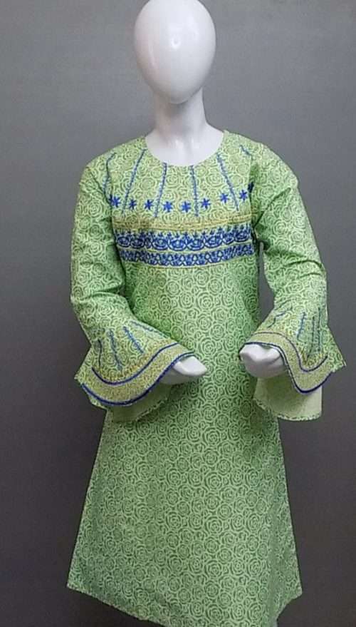 Stylish Light Green Embroidered Lawn Cotton Kurti For Girls