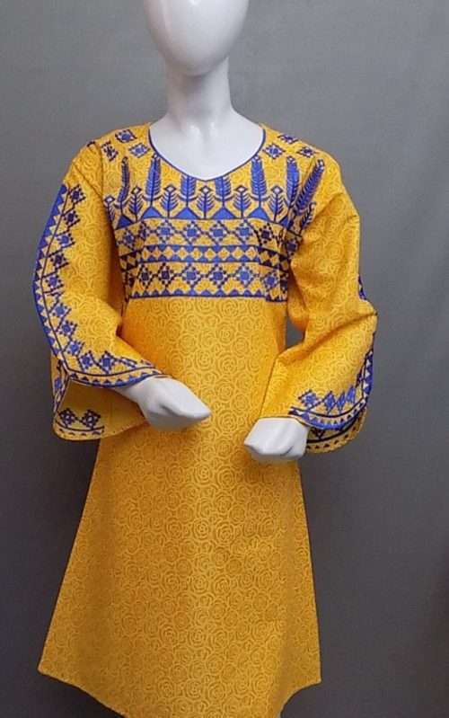 Elegant Bright Yellow Embroidered Lawn Cotton Kurti For Girls