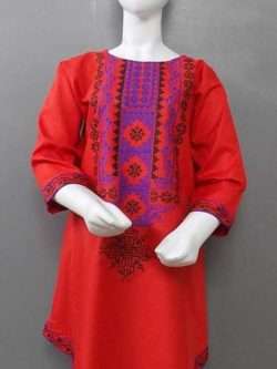 Elegant Front Back Embroidered Red Kurti 4 Young Girls