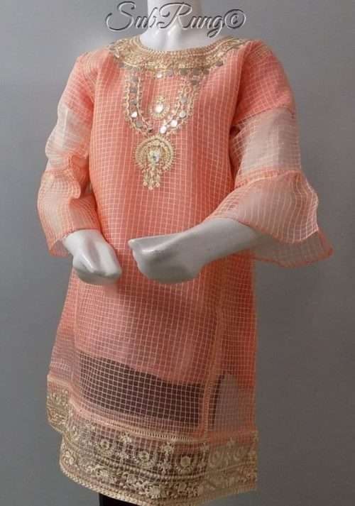 Elegant Embroidered Coral Pink Stitched Net Kurti 4 Young Girls