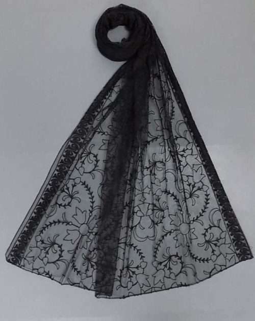 Rich Embroidered Black Net Dupatta With Piping All Sides