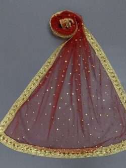 Fancy Net Dupatta With Golden Piping in Beautiful Red Colour
