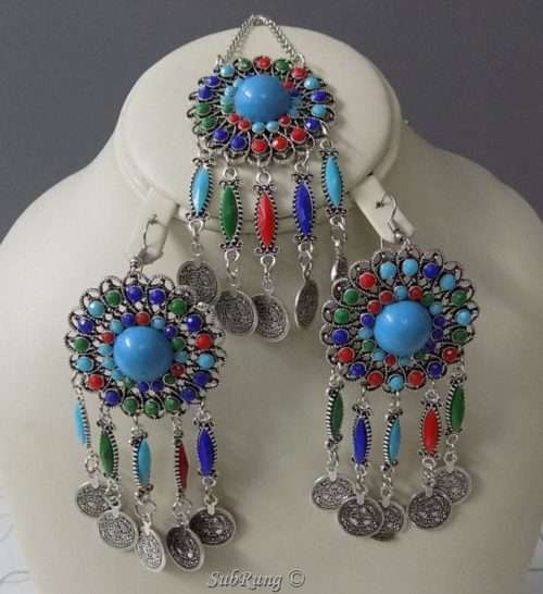 Blue Dominated Vibrant Beaded Earrings n Bindiya- Silver n Golden