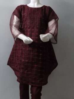 Party Wear Maroon Net Frock With Trouser 2-Pieces 4 Girls