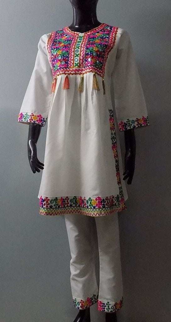 High In Demand Traditional Balochi Dress With Rich Embroidery In 4 Beautiful Colours Black- Baby Pink- White n Light Yellow In High Quality Cotton Lawn Kurti n Trouser For Ladies And Girls Medium Size
