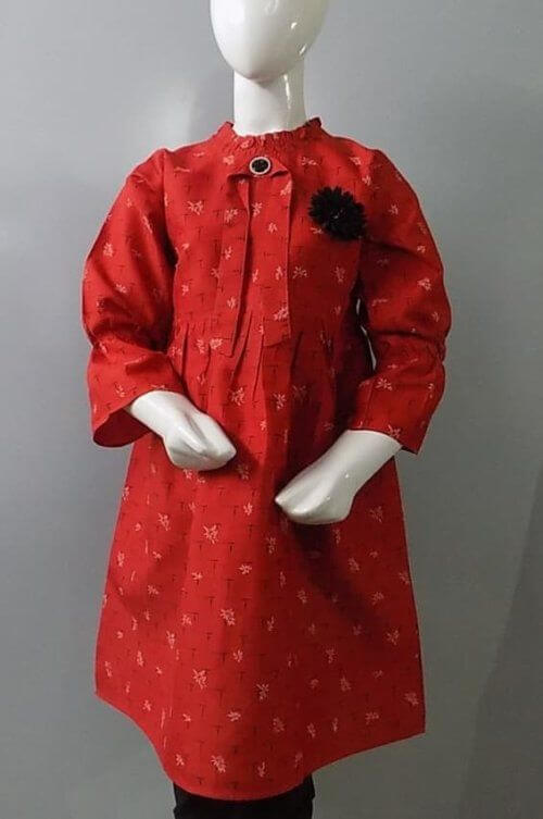 Cute Neat n Clean Stitched Red China Polyester Frock 4 Girls Age 3-13 Years