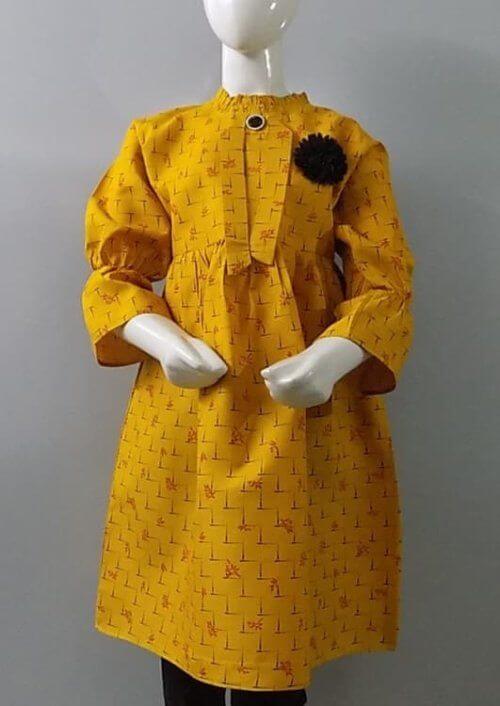 Cute Neat n Clean Stitched Mustard China Polyester Frock 4 Girls Age 6-13 Years