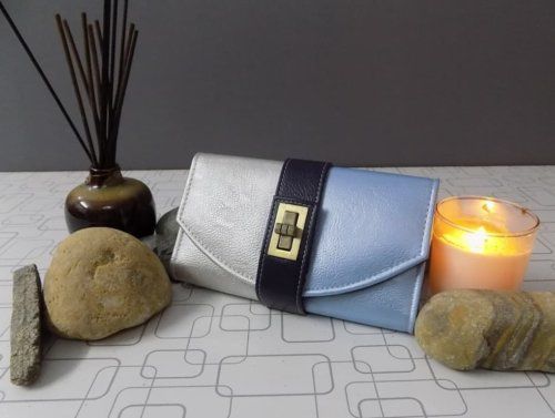 High Quality All In One Purpose Clutch In Light Blue & Silver