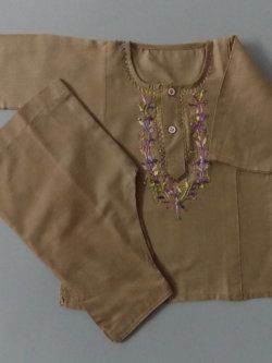 Hand Made Embroidery Light Brown Casual Cotton Kurta Shalwar 4 Baby Girls
