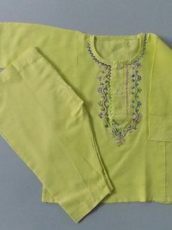 Hand Made Embroidery Lemon Yellow Casual Cotton Kurta Shalwar 4 Baby Girls