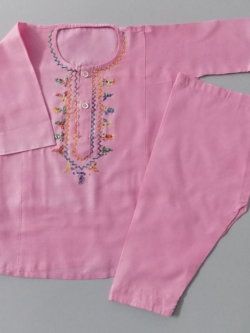 Hand Made Embroidery Baby Pink Casual Cotton Kurta Shalwar 4 Baby Girls