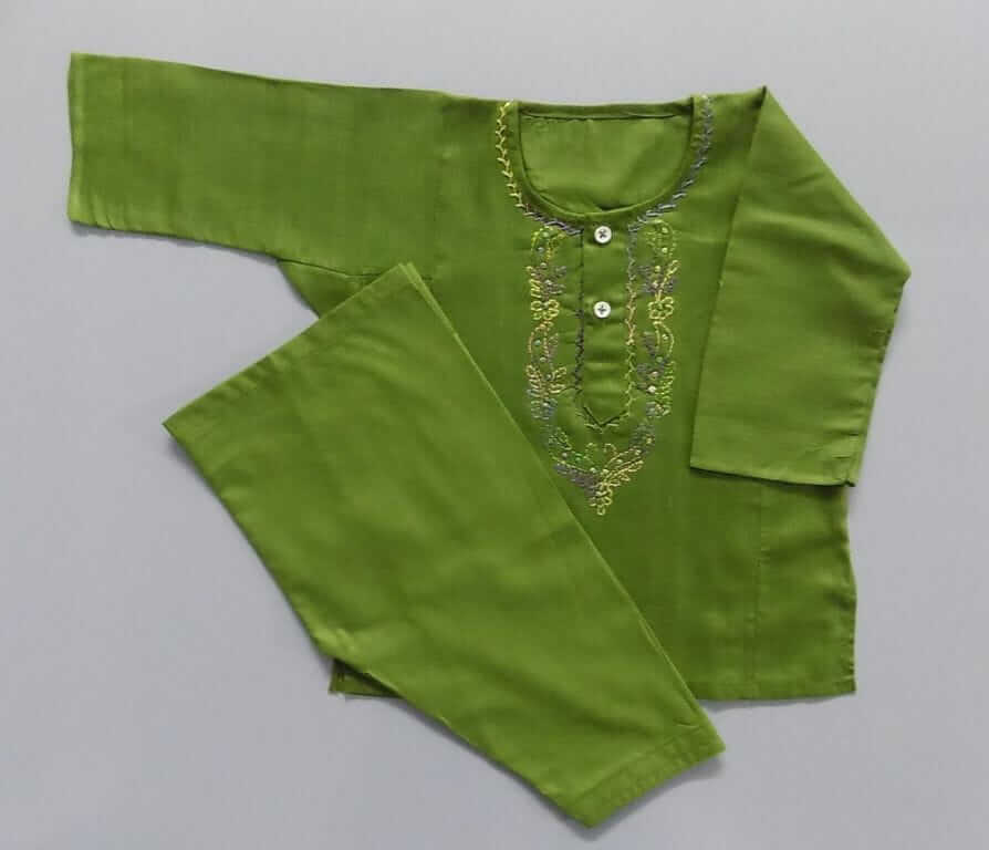 Hand Made Embroidery Islamic Green Casual Cotton Kurta Shalwar 4 Baby Girls