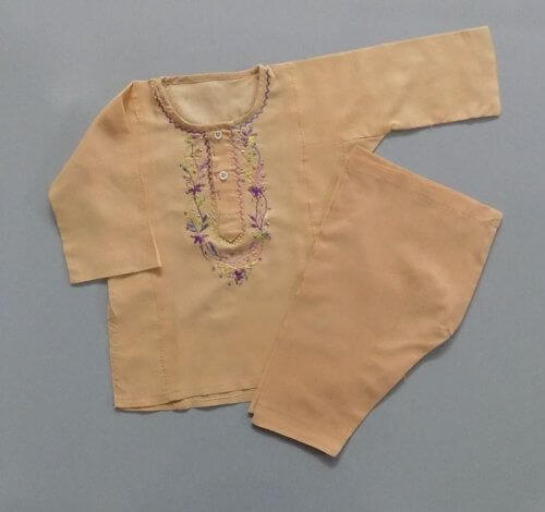 Hand Made Embroidery Peach Casual Cotton Kurta Shalwar 4 Baby Girls