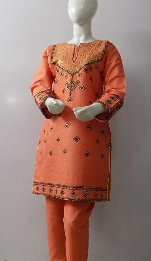 High Quality In Salmon Red Stitched Jacquard 2 Piece Kurti 4 Girls Age 6-13