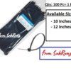 Pack of 100 Pieces Black Nylon Cable Zip Ties In 2 Different Sizes