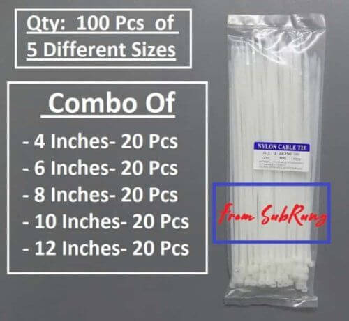 100 Pcs White Tie Knots Combo Pack of 20 Each of 4- 6- 8- 10 n 12 Inches