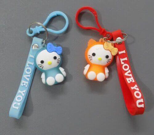 Two Cute Hello Kitty Shape Key Chains- Orange n Blue- 6" Length