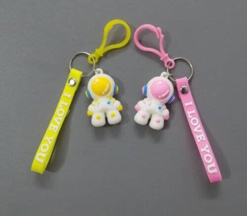 Two Cute Astronaut Shape Key Chains- Yellow And Pink- 6" Length